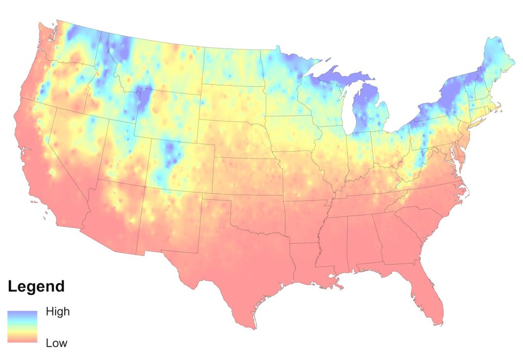 A map showing the chance of snowfall