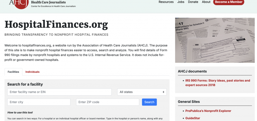 A screenshot of the homepage of hospitalfinances.org