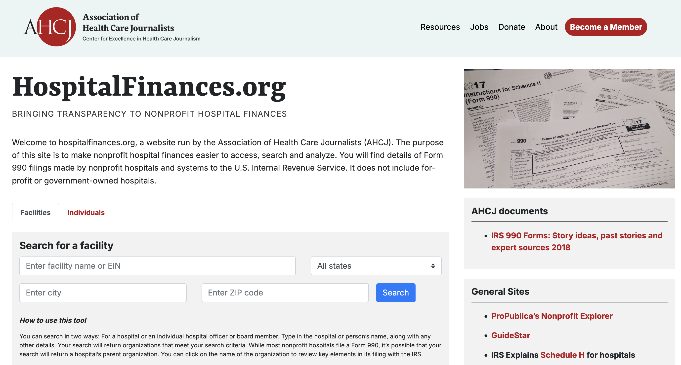 A screenshot of the homepage of hospitalfinances.org