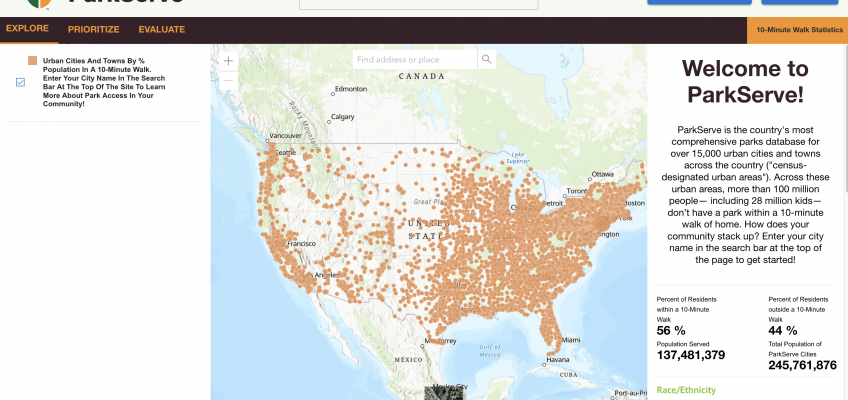 A screenshot of the ParkServe map of the United States showing parks across the country.
