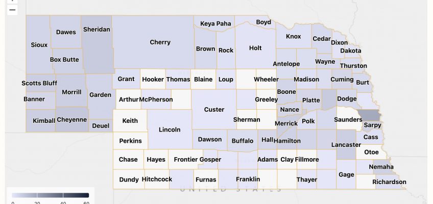 Map of Nebraska with counties shaded indicating the number of resources related to the county