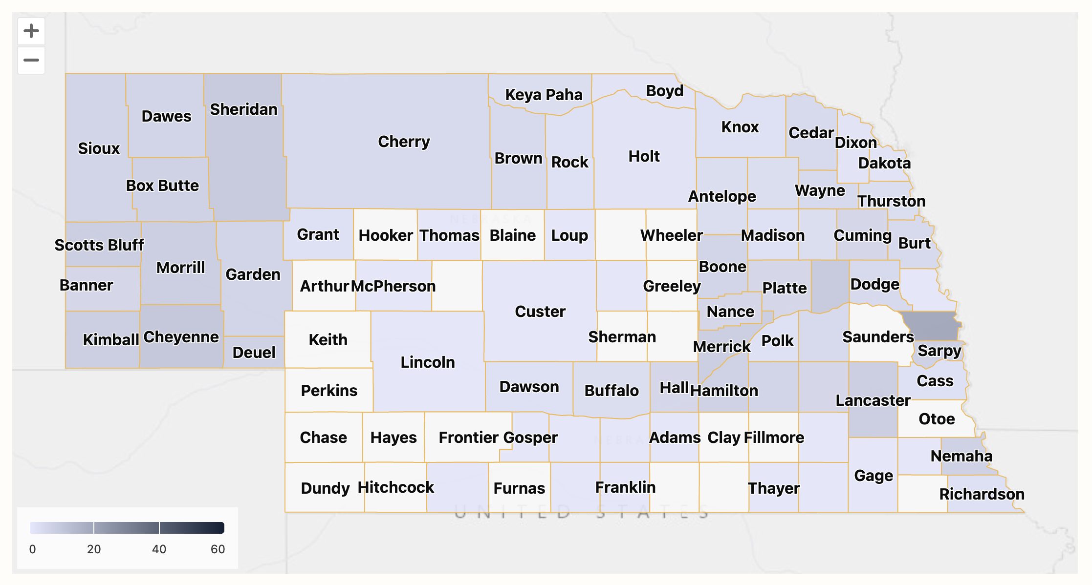 Map of Nebraska with counties shaded indicating the number of resources related to the county