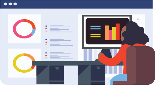 Decorative image of person at computer surrounded by chards