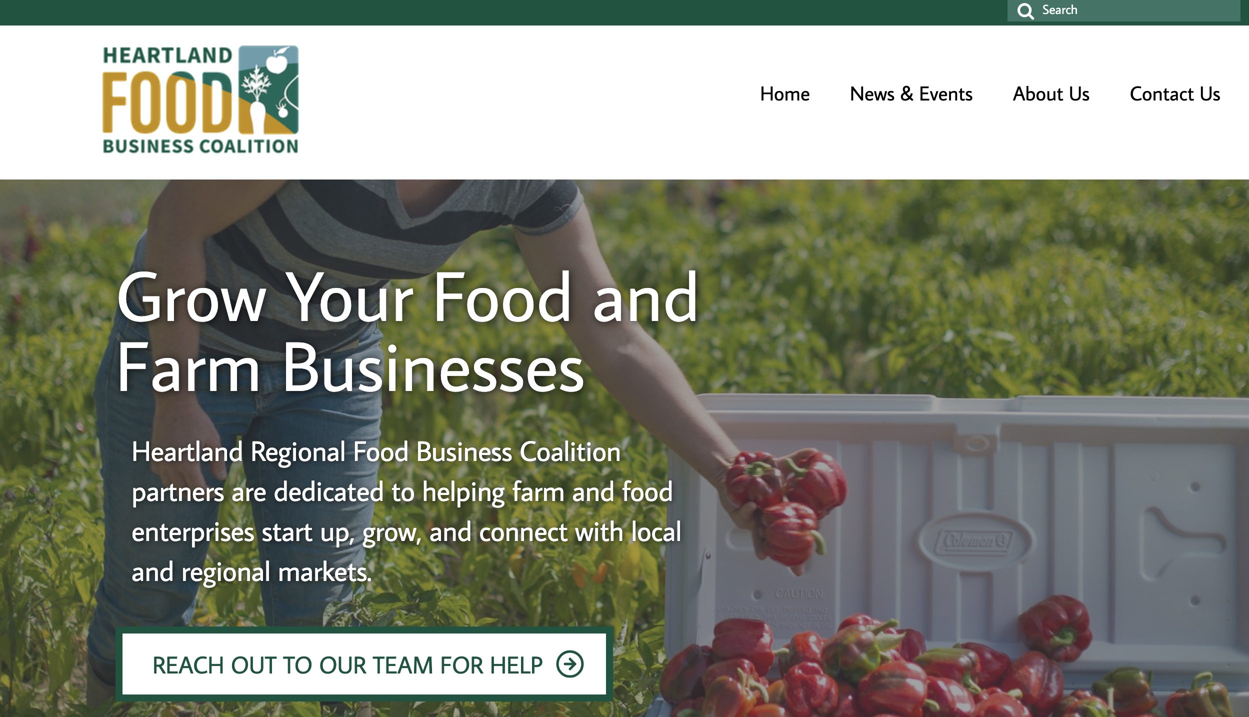 A screenshot of the Heartland Food Business Coalition's homepage. The photo shows a person picking red peppers and placing them into a white cooler.