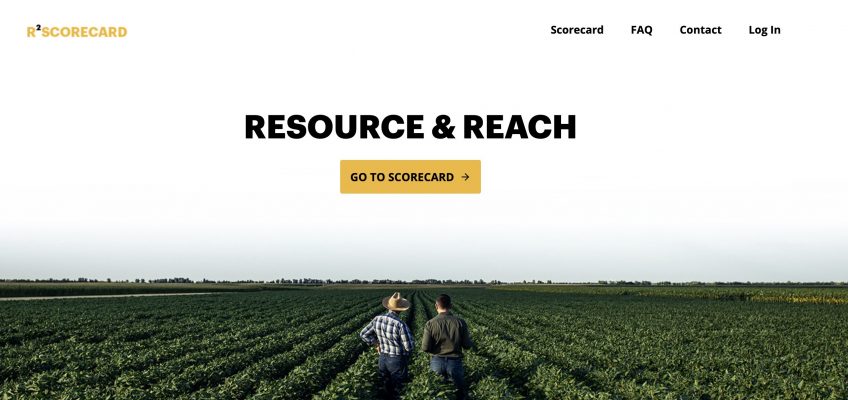 A screenshot of the RSquared homepage. A photo that shows two people standing in a field of row crops.