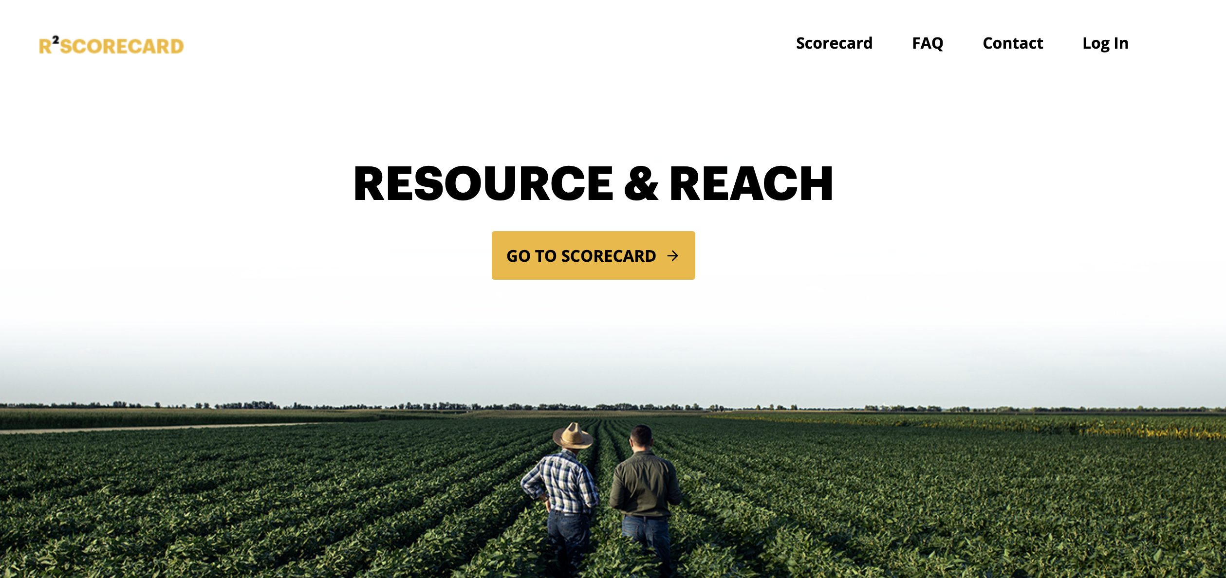 A screenshot of the RSquared homepage. A photo that shows two people standing in a field of row crops.