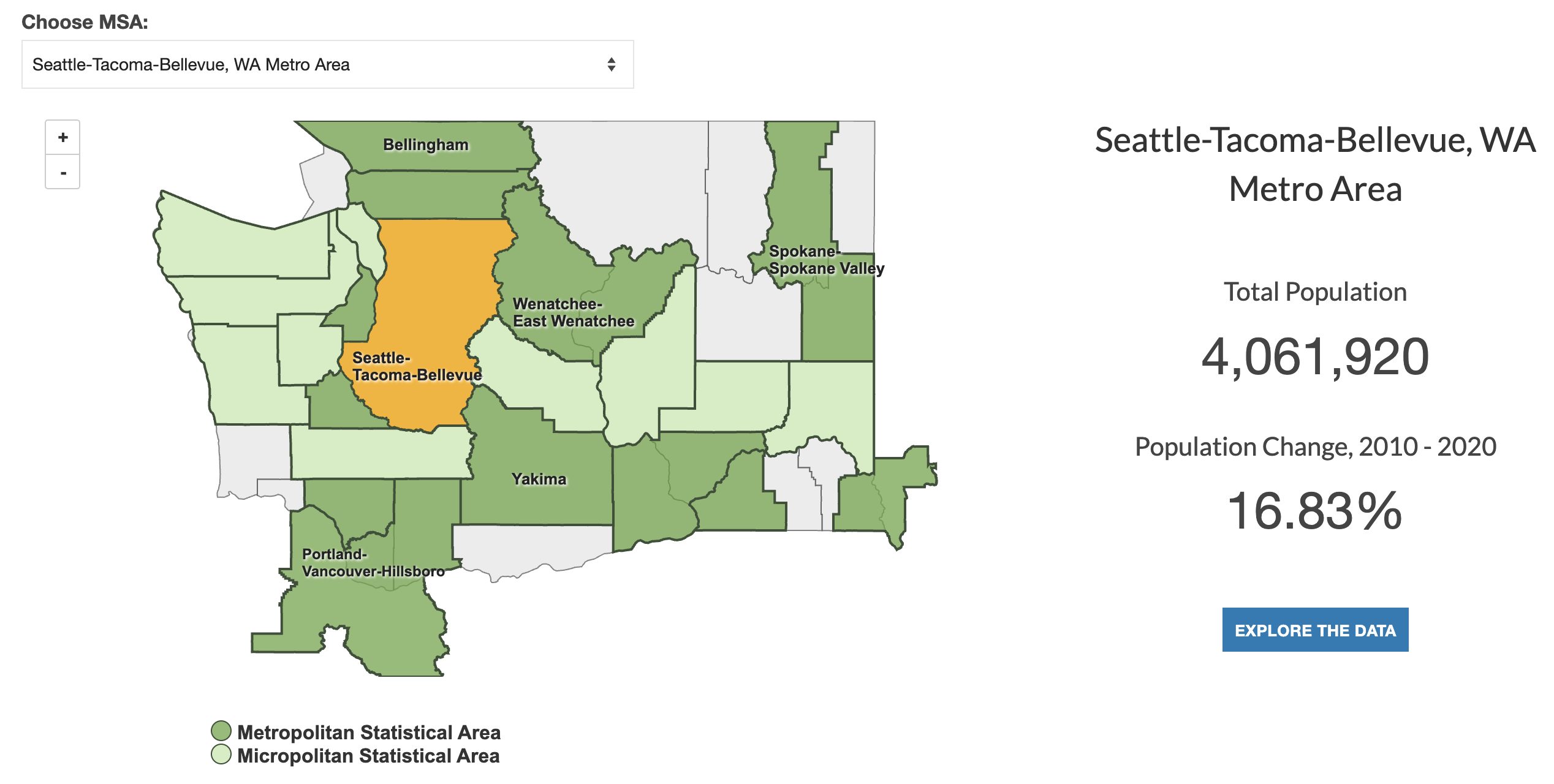 MSA Map of Seattle Tacoma with population statistics