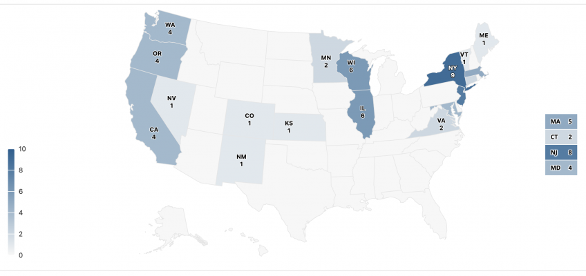 Map of US highlighting states that have proposed legislation around journalism