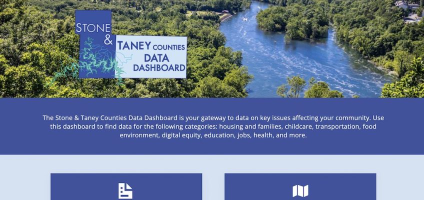 A screenshot of the homepage of the Stone and Taney Counties Data Dashboard.