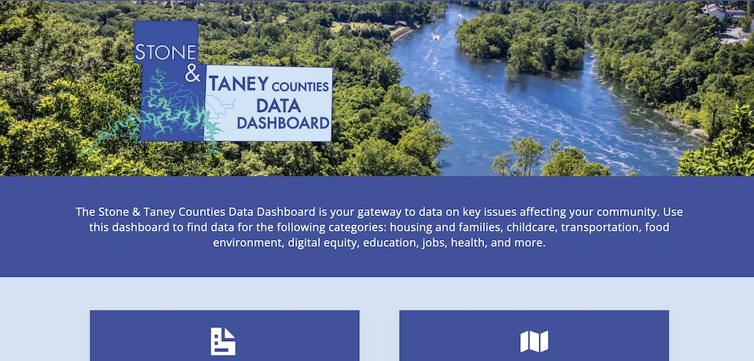 A screenshot of the homepage of the Stone and Taney Counties Data Dashboard.